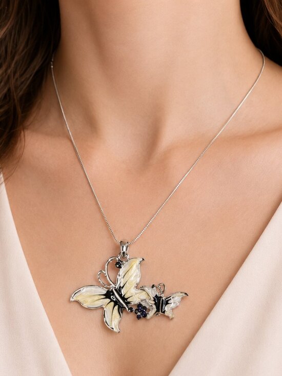 Vintage Jewelry - Enamel Butterfly Pendant Necklace 925 Sterling Silver Chain 18"